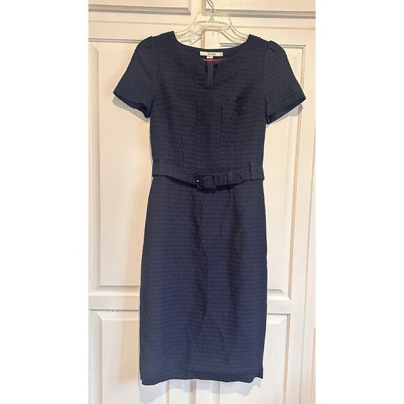 Boden Size 4 Pencil Dress Belted Midi Swiss Dots Navy Blue Classic Preppy - Picture 2 of 16